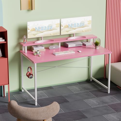 Pamray 47 Inch Small Computer Desk with Monitor Stand, Simple Office Desk with Headphone Hook for Small Spaces, Kids Study Writing Table for Bedroom, Pink - color: Pink, size: 47 Inch