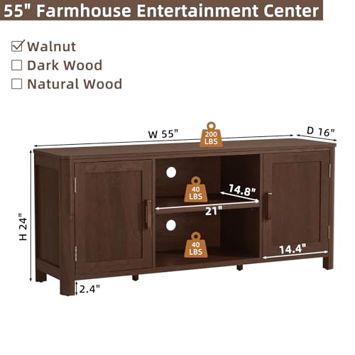 Joaxswe Farmhouse 55" Entertainment Center,Walnut Tv Stand with Adjustable Shelves & 2 Door Storage,Wooden Media Console Cabinet for TVs Up to 65 inches, Rustic Tv Stands for Living Room,Bedroom - color: Walnut