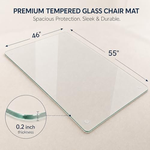 46 x 55 Inch Glass Chair Mat, 1/5 Inch Thick Tempered Glass Office Chair Mat for Carpet and Hardwood Floors, Heavy Duty Clear Floor Protector with Polished Edges and 8 Non-Slip Pads - size: 55" x 46"
