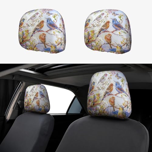 2pc Car Seat Headrest Cover Colorful Bird Head Rest Covers Protector - color: Colorful Spring Bird