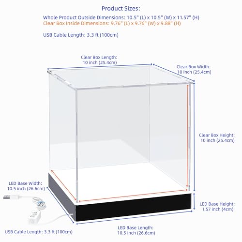 Light Up Acrylic Display Case with RGBW LED Lights, USB Powered with Switch Panel & App Control, Clear Collectible Display Box for Football, Soccer, Figures, Collectables & Trophy, 10x10x10 Inch - size: 10''(L) x 10''(W) x 10''(H)