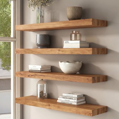FLYJOE Floating Shelves for Wall, USA-Sourced Elm Wood 16 Inch Wall Shelves Set of 2, Natural Wooden Mounted Picture Ledge Shelf, Nursery Book Storage Shelf Kids Bookshelf Display, Shelf for Bathroom - color: Usa-sourced Elm Wood, size: 16''W, 2Packs
