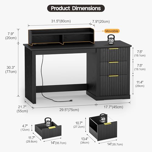 Lareth Computer Desk with Monitor Stand, 47 inch Home Office Desk with RGB LED Lights and Power Outlets, Writing Desk with Storage File Drawer for Working Gaming Writing, Black - color: Black