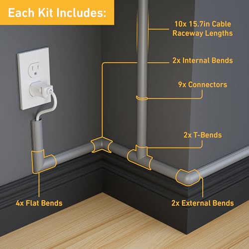 D-Line 157in Cord Cover Kit, Self-Adhesive Wire Hiders, Cable Raceway to Hide Wires on Wall, Electrical Cable Management - 10x 15.7 Lengths & 19 Accessories - 1.18" (W) x 0.59" (H) - Gray - color: Gray, size: 1.18in (W) x 0.59in (H)