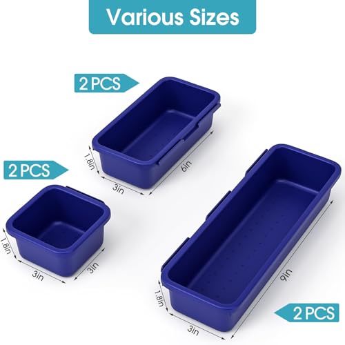 6 PCS Drawer Organizer Set, 3 Size Makeup Drawer Divider Organizer With Non-Slip Pads, Interlocking Plastic Storage Bins for Office,Jewelry Vanity,Gadgets, Bathroom,Kitchen, Navy - color: Navy, size: 6Pack