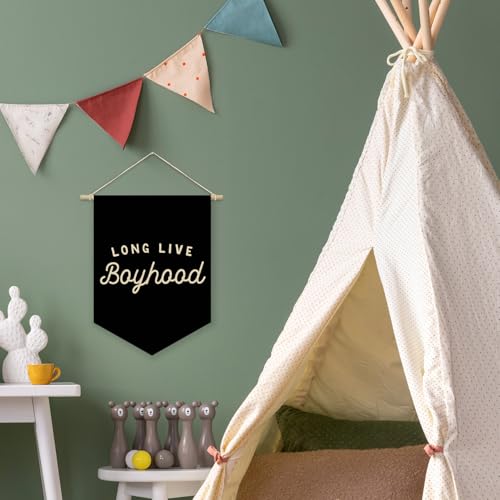 Boy Room Decor,Long Live Boyhood Black Canvas Banner Nursery Playroom Wall Decor for Boys Bedroom Toddler Decorations Teen Boy Room Decor,Playroom Decor Wall Hanging Flag 15x11 Inch - color: Black