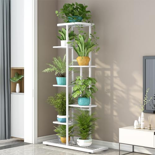 LINZINAR Plant Stand Metal 7 Tier 8 Potted Multiple Flower Pot Holder Shelf Indoor Outdoor Planter Display Shelving Unit for Patio Garden Corner Balcony Living Room, White - color: White, size: 7 Tier-8 Potted