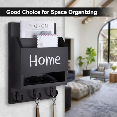 Key and Mail Holder for Wall, Key Holder with Chalkboard and Long Storage Box, Key Hanger with 3 Sturdy Hooks for Coat, Dog Leash, Entryway Mail Organizer (Black) - color: Black