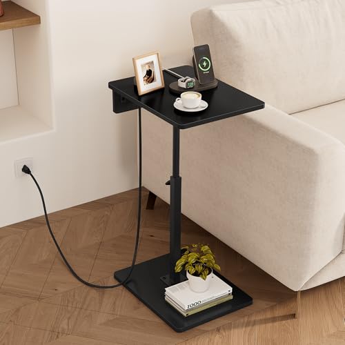 C Shaped End Table with Charging Station, Adjustable Height C Table End Table, 360°Swivel TV Tray Table for Small Spaces, Rounded Corners Couch Table, Side Tables Living Room for Sofa,Chair,Snack,Bed - color: Black