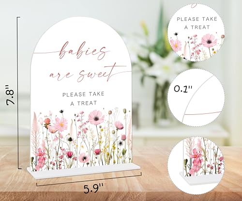 Pink Flower Babies are Sweet Please Take A Treat Sign, Dessert Table Decor, Baby Shower Table Centerpieces, Gender Reveal Decor, Party Favors Supplies, Acrylic Arch Baby Shower Sign With Base-14 - color: Babies are14