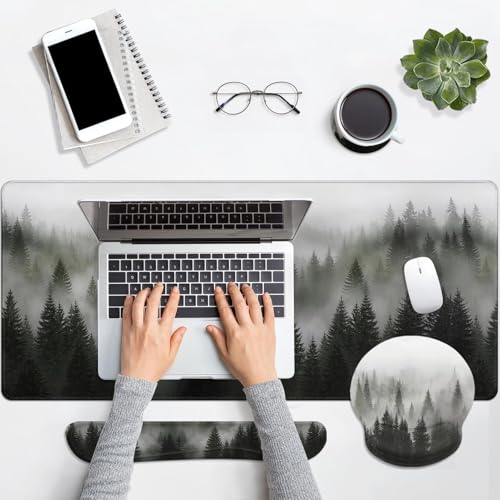 Arttown Misty Desk Mat Forest Mouse Pad Set 4 in 1 Tree Foggy Ergonomic Design Large Desk Pad + Keyboard Wrist Rest + Mouse Wrist Rest + Coaster Suitable for Home Office Study Game - color: Forest in Fog