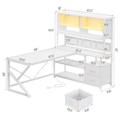 SEDETA L Shaped Gaming Desk, Home Office Computer Desk with 2 Drawer and Bookshelf, L Shaped Gaming Corner Desk with LED Light, Glass Cabinet,Storage Bag and Storage Shelves, White - color: White