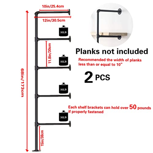 Industrial Wall Mount Iron Pipe Shelf Shelves Shelving Bracket Black Vintage Retro Ceiling Hung Shelf DIY Open Bookshelf Storage for offcie Room Kitchen (2PcsX5Tier,68" Tall,10" deep,Hardware Only)