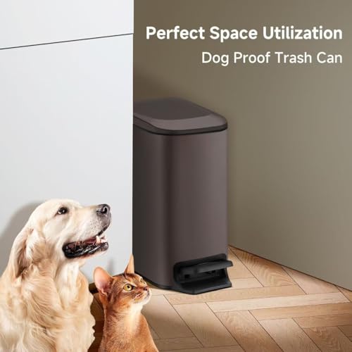TIPGO Slim Bathroom Trash Can with Lid Soft Close, Step Pedal, 6 Liter / 1.6 Gallon Stainless Steel Trash Bin, Small Garbage Cans for Bedroom, Office, Kitchen (Brown) - color: Brown