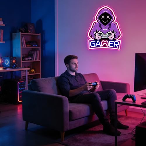 Gamer Neon Sign, Purple Hooded Gamer Neon Signs for Wall Decor,Gamer Room Decor for Boys, Teenage Boy Gifts, Gamer Gifts, Wall Light for Game Room, Man Cave - color: Gamer Rose red