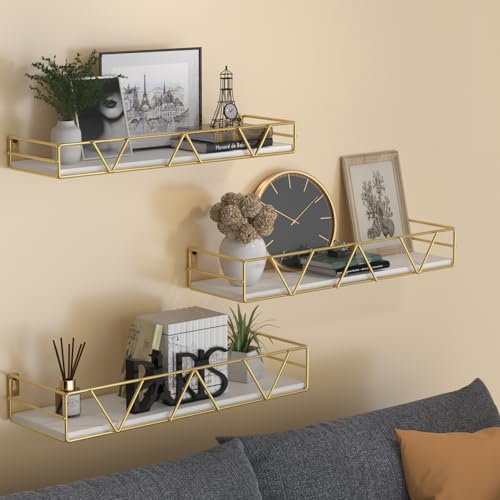 Amaoot Floating Shelves Set of 3, Home Wood Wall Shelf, Farmhouse Shelf for Bedroom, Wall Mounted Floating Shelf for Living Room, Bedroom, Bathroom, Kitchen, Office (Gold) - color: Gold
