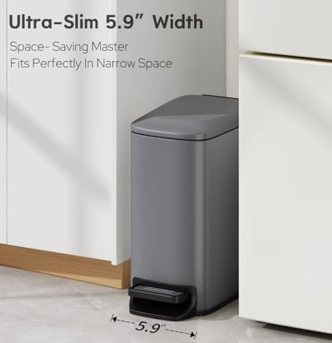 TIPGO Slim Bathroom Trash Can with Lid Soft Close, 6 Liter / 1.6 Gallon Stainless Steel Garbage Can with Removable Inner Bucket, Step Pedal, Small Trash Cans for Bedroom, Office, Kitchen (Grey) - color: Grey