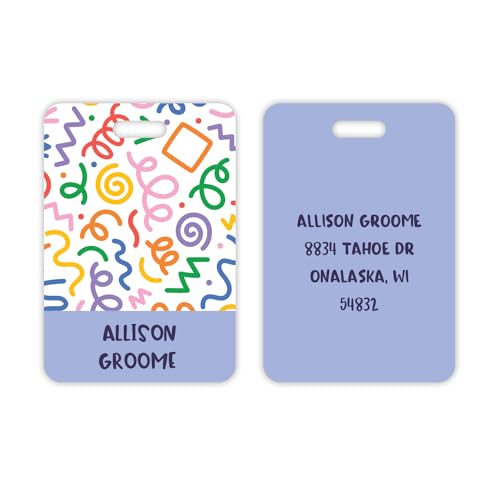 Personalized Geometric Luggage Tag / 2.75" x 4" Custom Abstract Bag Tag/Double Sided Durable Plastic Luggage Tag with Plastic Strap/Made in The USA - style: Squiggly