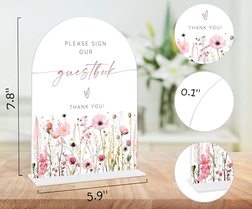 Pink Flower Please Sign Our Guestbook Sign, Wedding Guest Book Alternative, Bridal Shower Centerpieces, Wedding Reception Decorations, Acrylic Arch Bridal Shower Signs With Base-12 - color: Please Sign12