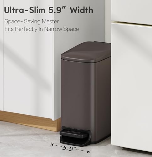TIPGO Slim Bathroom Trash Can with Lid Soft Close, Step Pedal, 6 Liter / 1.6 Gallon Stainless Steel Trash Bin, Small Garbage Cans for Bedroom, Office, Kitchen (Brown) - color: Brown