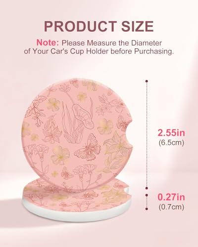 Swooflia Car Coasters for Women - Pink Butterfly Car Cup Coasters Absorbent Cup Holder Coasters for Car 2 Pcs Ceramic Car Coasters with Cork Base Car Interior Accessories - color: Pink Flower and Butterfly