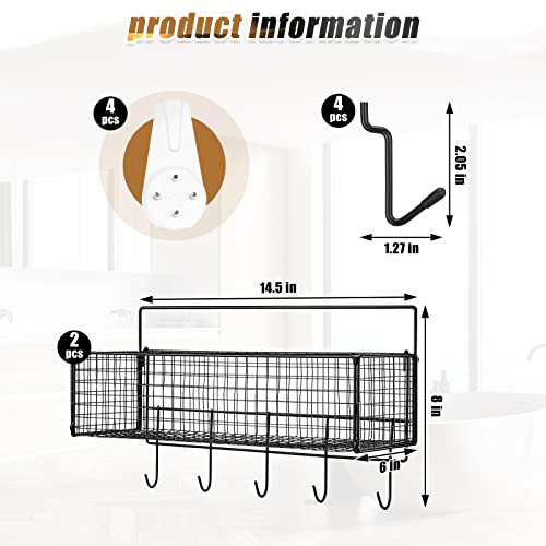 Shimeyao 2 Pcs Pegboard Accessories Set Including 2 Pegboard Baskets Bins with 5 Hooks 4 extra Hooks Black Metal Wire Basket Wall Mount Organizer for Workbench Garage Storage Attachments