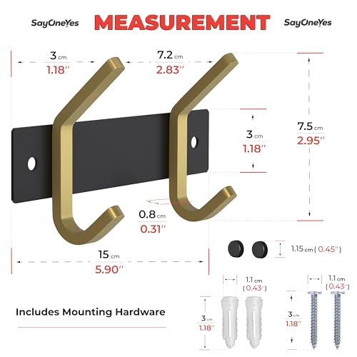 Small Coat Rack Wall Mount – Black and Gold Hook Rail with 2 Double Coat Hooks, 6 Inch Stainless Steel Wall Hooks for Entryway, Bathroom, Bedroom, Closet, Towel, Hat, Bag, Heavy Duty Organizer - color: Black + Gold, size: 2 Hooks - 1 Pack