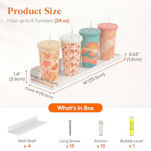 Lifewit Floating Shelves for Bathroom, Acrylic Display Shelf Wall Mounted for Makeup, Skincare, Nail Polish, Book, 14" Perfume Organizer for Bedroom, Living Room, Nursery, Home Decor, White, 4 Pack - color: White, size: 14"