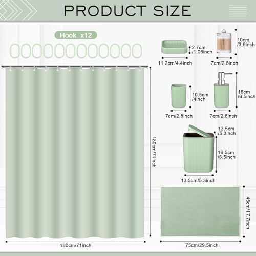 Hosuly 9 Pcs Bathroom Accessory Set Shower Curtain and 12 Hooks Table Trash Can Soap Dispenser Soap Dish Non Slip Bathroom Rugs Cup and Cotton Swab Holder Complete for Bathroom Decor (Sage Green) - size: Sage Green