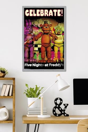 Five Nights at Freddy's - Celebrate Wall Poster, 34L" x 22.4W", Gray Framed Version - color: Gray Framed Version, size: 34"L x 22.4"W