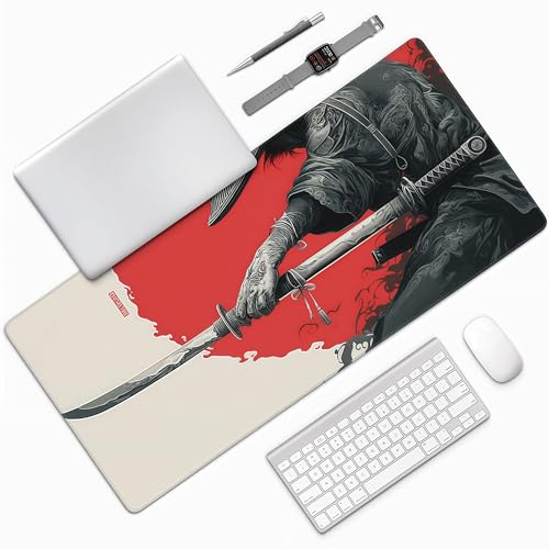 Japanese Samurai Sword Gaming Mouse Pad, XL Desk Mat, Non-Slip Rubber Base, Waterproof with Stitched Edges, 35.4 x 15.7 Inch - color: Japanese Samurai Sword