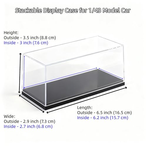 Model Car Display Case, 1:43 Scale Acrylic Display Box for Cars, Stackable Dustproof Storage Boxes for Collectibles, Figures and Memorabilia, 6.5 x 2.7 x 3.5 inch - size: 6.5 x 2.9 x 3.5 inch