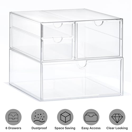 Prsildan Acrylic Drawer Makeup Organizer with 4 Drawers, Set of 2 | Clear, Baby Bottle Storage, For Vanity Countertop Bathroom Cosmetic Office Desk, Craft Jewelry Art Supply Organization - style: 4 Drawers
