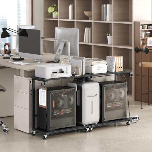 MAHANCRIS Computer Tower Stand with Power Outlet, Mobile PC Stand for Floor, Height Adjustable PC Holder Cart Under Desk, 26.6"-32.7" H, for Home Office, Gaming Room, Black PCHS216E01 - size: 23.6"L x 11.0"W x 26.6"H
