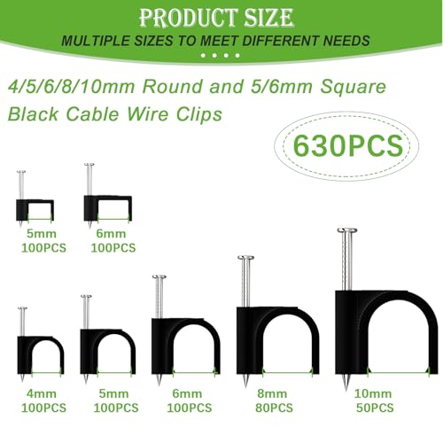 mxuteuk 630PCS Cable Clips with Steel Nails,4/5/6/8/10mm Round and 5/6mm Square Black Cable Wire Clips,Wall Clips for Cords,Cable Cord Clips for RG6 RG59 CAT6 RJ45 - color: Black-630PCS 4/5/6/8/10mm