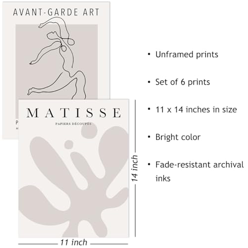 Abstract Matisse Wall Art Exhibition Posters, Vintage Art Boho Art Prints, Retro Room Decor for Aesthetic Bedroom Living room, Neutral grey wall art, Unframed, 11 x 14 Inch(Gray)-B05L - color: B Neutral grey, size: 11x14 in Unframed