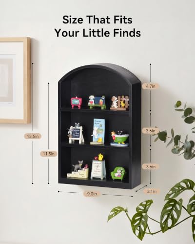9"x13.5" Small Arched Trinket Display Shelf Shadow Box, Black | Fully Assembled, Wooden Shelf for Wall or Desk, Display Collectibles, Knick Knacks, Mini Figurines, Perfumes & Crystals - color: Black