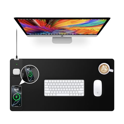 Wireless Charging Mouse Pad with Foldable Phone Holder, 31.5"x15.8" Large Desk Mat for Laptop/Keyboard, Waterproof Ultra-Smooth Surface, Non-Slip Base, Black - color: Black-Phone Holder-31.5"x15.8"
