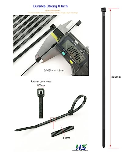 HS Durable Plastic Zip Ties 8 Inch (Bulk-1000 Pack) UV Rated Black Cable Ties 40 Lbs Self-Locking Wire Ties Width 1/8 Inch,Outdoor Purpose - color: Black 8"1000