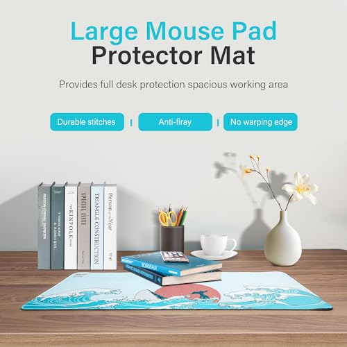 XVX Japanese Sea Wave Large Mouse Pad for Desk, Desk Mat with Seamed Edges, Waterproof Desk Pad, Gaming Mouse Pad Non-Slip Rubber Base, 31.5x11.8 Inch 3mm Thick Keyboard Pad Computer Mat, Coral Sea - color: Coral Sea