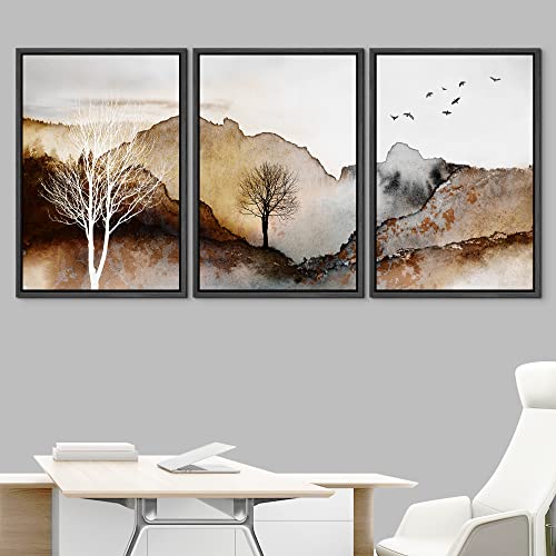 NWT Framed Canvas Print Wall Art Set Pastel Watercolor Gold Mountain Forest Nature Wilderness Illustrations Modern Art Decorative Landscape Rustic for Living Room, Bedroom, Office - 16"x24"x3 Black - color: A002-2206-yuk20, size: 16" x 24" x 3 Panels BLAC