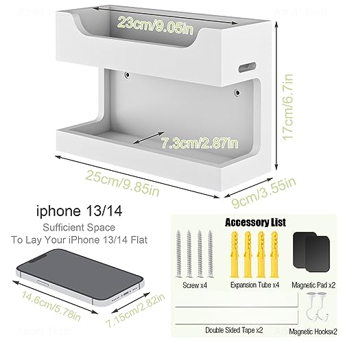 NiHome Wall Mounted Wooden Bedside Accessories Organizer, Double Tray Bedside Storage Shelf Rack with Magnetic Hooks, Bedroom Dorm RV Wall Caddy Holder for Phone Glasses Alarm Clock Remote (White) - color: White, size: Small