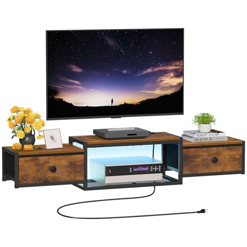 Snughome Floating TV Stand with Power Outlet 55", Wall Mounted Entertainment Center with LED Lights, Floating TV Shelf with Drawer, Wall Mounted Media Console Shelf for Living Room, Bedroom - color: Rustic Brown, size: 55.12" x 11.02" x 6.5"