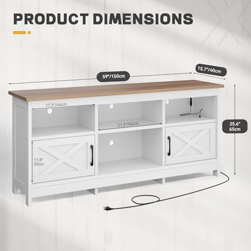 YITAHOME TV Stand for 65 Inch TVs, Entertainment Center with Storage Cabinets, Power Outlet & LED Light, Media Console Living Room Furniture, White - color: White + Walnut, size: 59"W