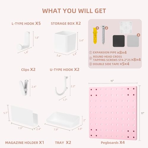 VUSIGN Peg Board Combination Kit, 22"x22" Pegboards and Accessories for Wall Organization with Two Installation Modes, Pegboard Wall Organizer for Office, Home, Desk,White Peg Board, Pink - color: Pink