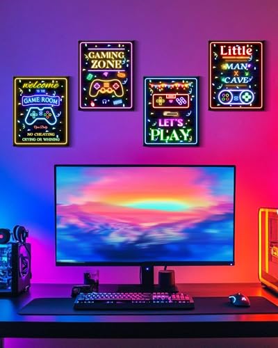 Video Game Decor for Teen Boys Gaming Wall Neon Sign Gamer Room Welcome Little Man Cave Teenage Bedroom Posters Decor Ready to Hang Set of 4, 8x10in (Framed) - size: 10L" x 8W" x 4 Panels