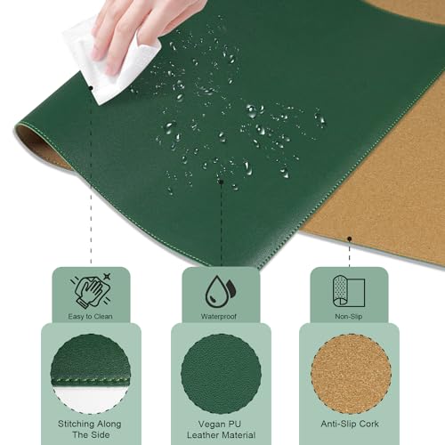 Dual-Sided Desk Pad, Natural Cork & PU Leather Mouse Pad for Desk, Desk Pad Protector, Non-Slip Desk Mat for Office and Home Work, (Dark Green, 23.6" x 13.7") - color: Dark Green, size: 23.6" x 13.7"