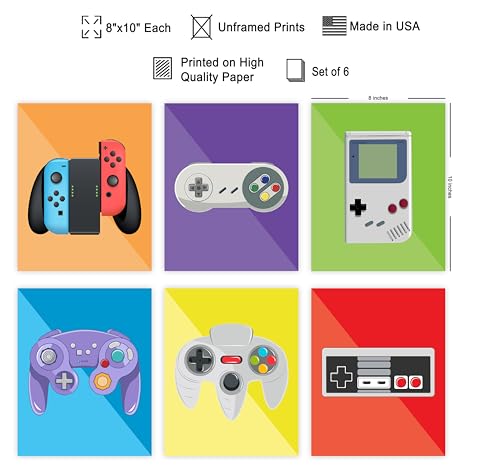Poster Master 6-Piece Video Game Controller Print - Retro Gaming Poster - Geeky & Gamer Art - Colorful Consoles Wall Design - Great Game Room or Boy's Bedroom Decor - 8x10 UNFRAMED Wall Art - color: Style-08, size: 8"L x 10"W