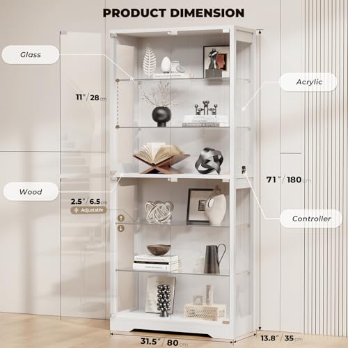 BROTTAR 6-Tier 71" Display Cabinet with Glass Door, Curio Cabinet with 3 Color Lights for Collectibles, Display Case with Adjustable Glass Shelves, Human Body Sensor, Storage Cabinets, White - color: White