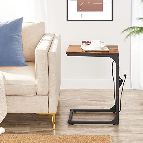 TUTOTAK C Shaped End Table with Charging Station, Side Table for Sofa, Couch Table with Storage Bag, TV Tray with 2 USB Ports and Outlets for Living Room, Bedroom, Brown TB01BB024 - color: Brown, size: 1 Pack (11.8"W), style: With Plug